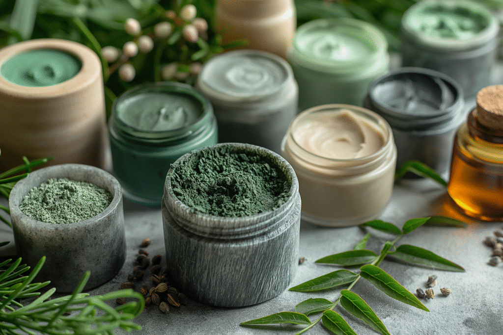 Jars of natural skincare creams and herbal powders surrounded by green leaves and seeds, promoting sun protection through nature-based ingredients