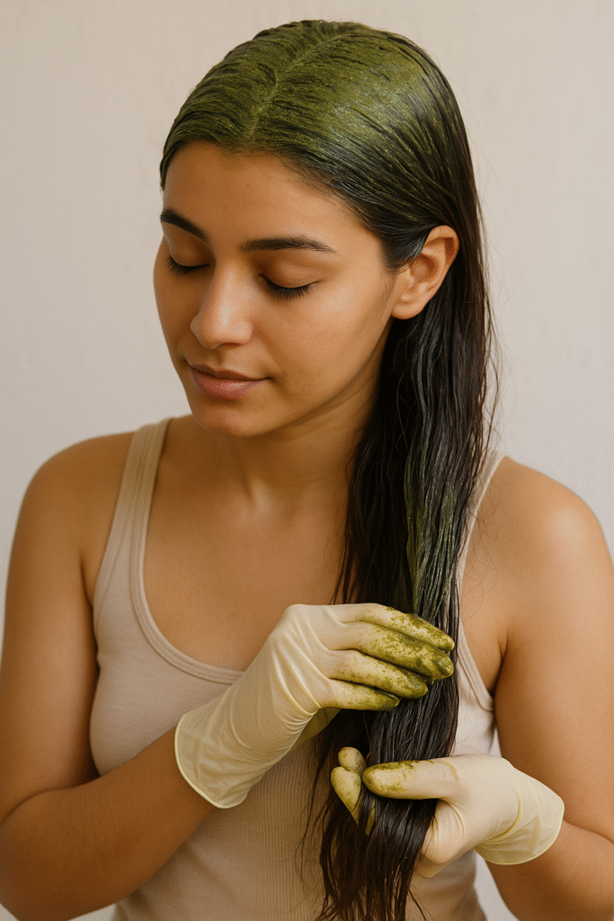 "Applying a moringa powder hair mask for natural hair growth at home"
