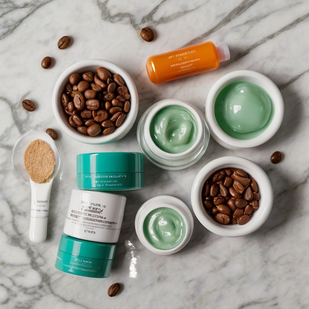 A crisp, clean flat-lay featuring a pair of hydrogel under-eye patches on white or marble backdrop. Surround them with key ingredients like mini bowls of hyaluronic acid gel, collagen powder, vitamin C capsules, and caffeine coffee beans. Include a cool-toned jade roller or spoon to hint at refrigeration and de-puffing. This visual reinforces “What do under-eye patches do?” by showcasing core actives and tools for best results.
