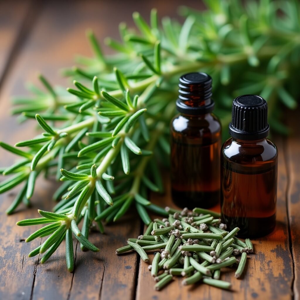 “Fresh rosemary and essential oils used for promoting healthy hair growth naturally”


