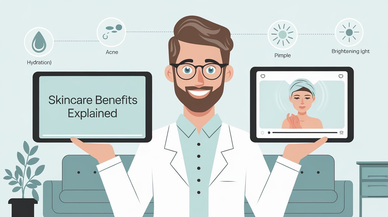 "Friendly dermatologist illustration explaining skincare benefits with icons for hydration, acne control, and brightening."